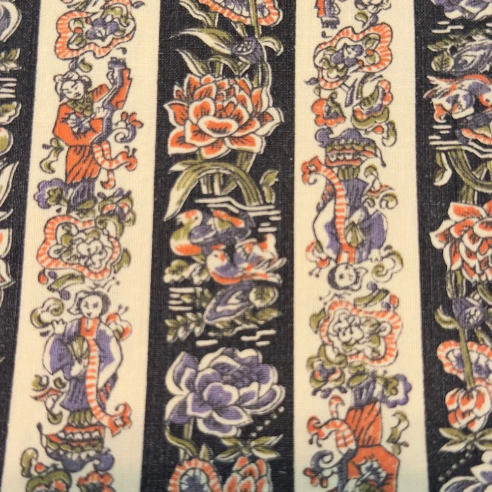 Vintage Chinoiserie Stripe Cloth Napkins Set of 7 Navy Cream Floral Birds 16x16